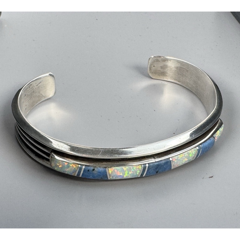 Sterling Silver M Signed Denim Lapis & Opal Inlay Cuff Bracelet 23.05g